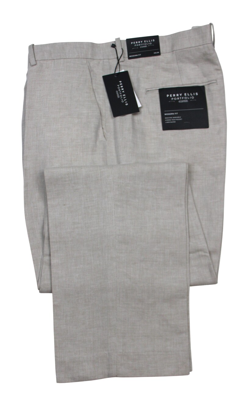 Perry Ellis Portfolio Essentials Pants Mens 38x30 Beige Modern Fit Linen Blend